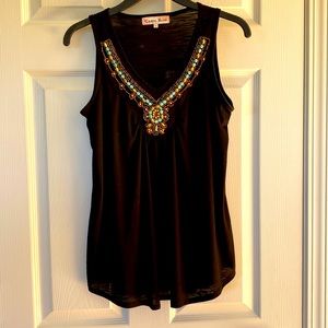 Black, sleeveless cotton top with multi-and turquoise beaded neck embellishment.